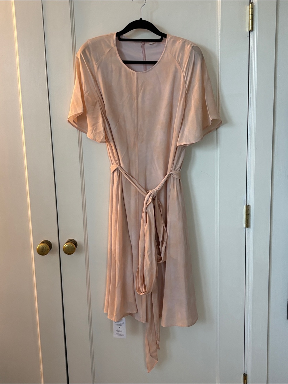 100% Silk MM Lafleur Pinkish-Peach Tie-Waist Short Sleeve Dress